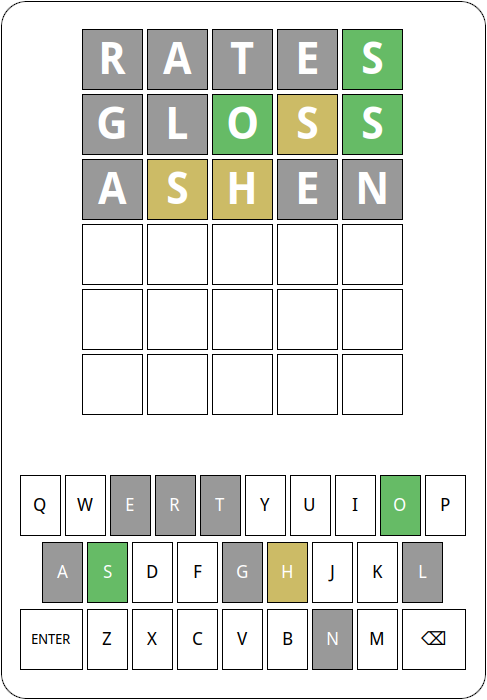 An example of key coloring for the secret word SHOPS in the middle of a game. Note that the “S” and “O” keys are still colored green on the keyboard, even though the most recent guess had the “S” in the incorrect location and didn’t include an “O” at all. The keys always keep the best coloring from any guessed word.