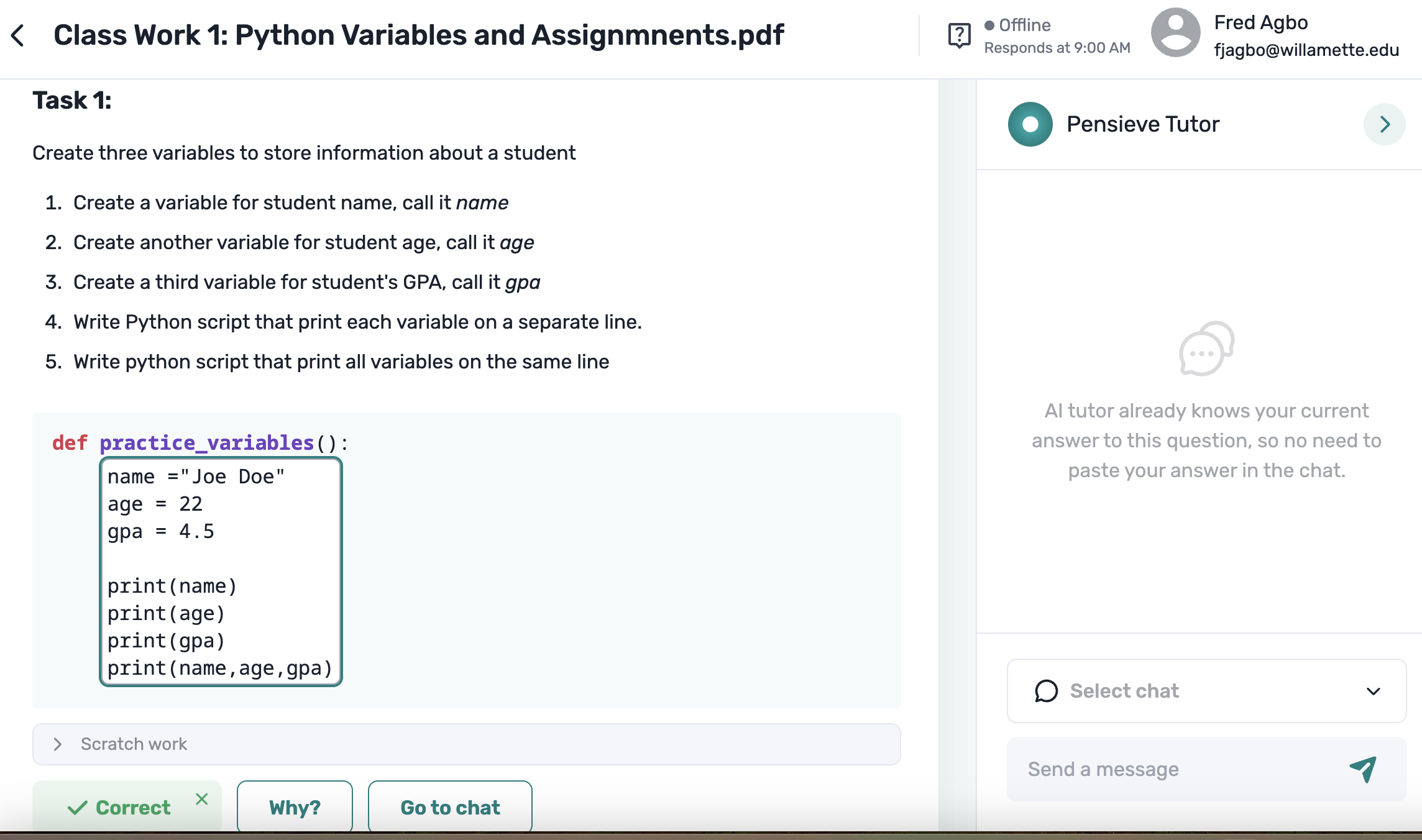 Pensieve Tutor - Activity Page